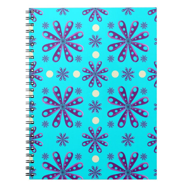 Caderno Espiral Flores Roxas Retro em Fundo Azul (Frente)
