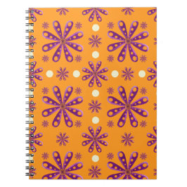 Caderno Espiral Flores Roxas Retro em Fundo Laranja