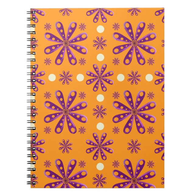 Caderno Espiral Flores Roxas Retro em Fundo Laranja (Frente)
