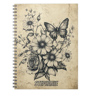 Caderno Espiral Flores russas e borboletas - Papel envelhecido (6)