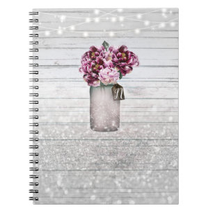 Caderno Espiral Flores Rustic Glamor Wood & Burgundy Mason Jar