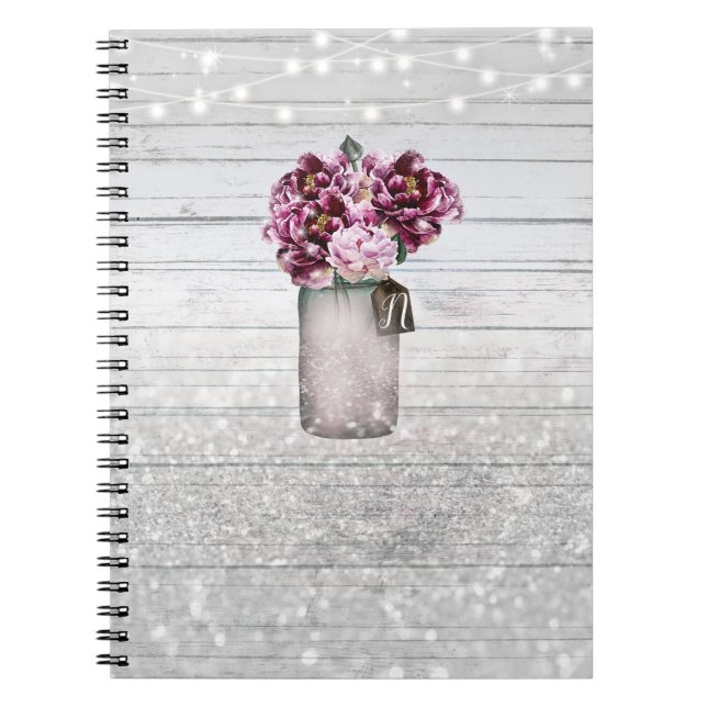 Caderno Espiral Flores Rustic Glamor Wood & Burgundy Mason Jar (Frente)