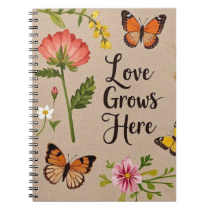Caderno Espiral Flores selvagens boêmicas, borboletas, pedúnculos 