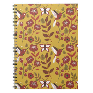 Caderno Espiral Flores sem costura, borboletas, vermelhas