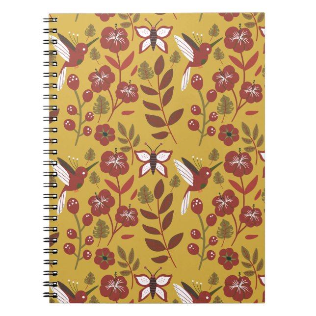 Caderno Espiral Flores sem costura, borboletas, vermelhas (Frente)