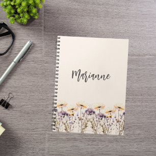 Caderno Espiral Flores silvestres beige amarelo nome personalizado