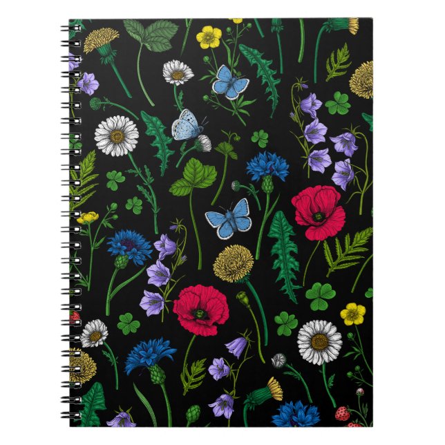 Caderno Espiral Flores silvestres em preto (Frente)