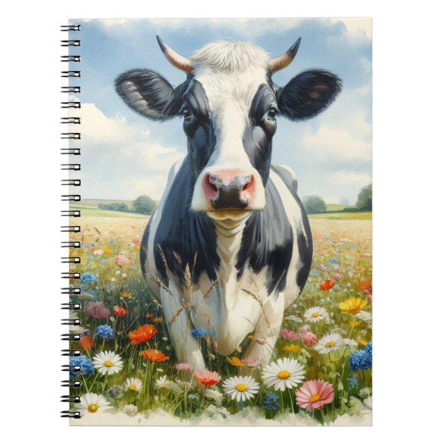 Caderno Espiral Flores silvestres Holstein Vaca leiteira (Frente)