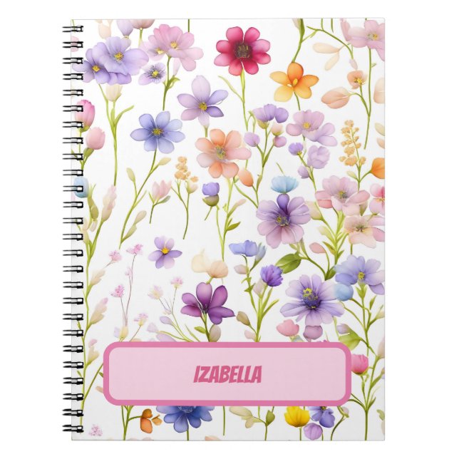 Caderno Espiral Flores Silvestres Rosa Azul Primavera Diário de De (Frente)