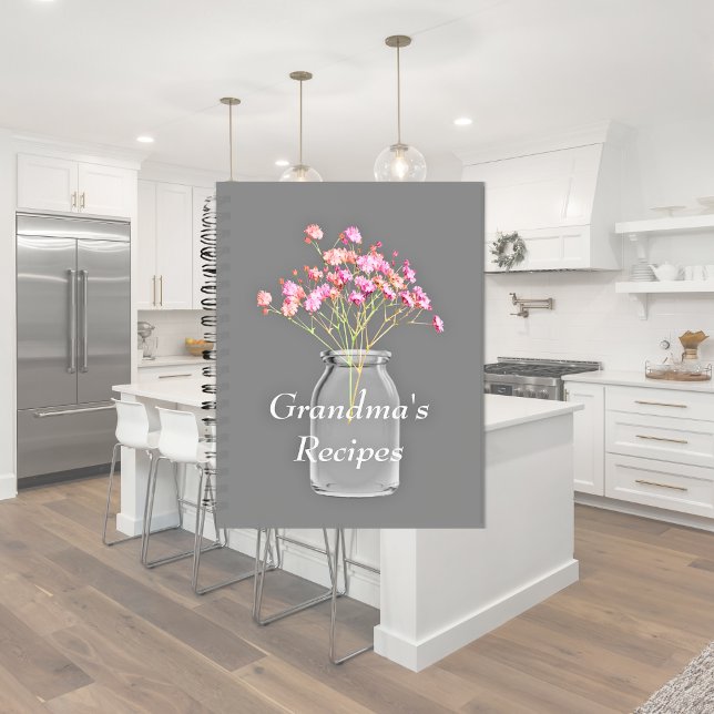 Caderno Espiral Flores Silvestres Rosa em Pote de Pedra Receitas d (Criador carregado)