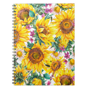 Caderno Espiral Flores solares de aquarelas e vindimas de verão,