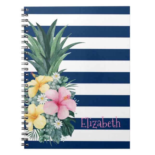 Caderno Espiral Flores tropicais de abacaxi Marinho Blue Stripes (Frente)