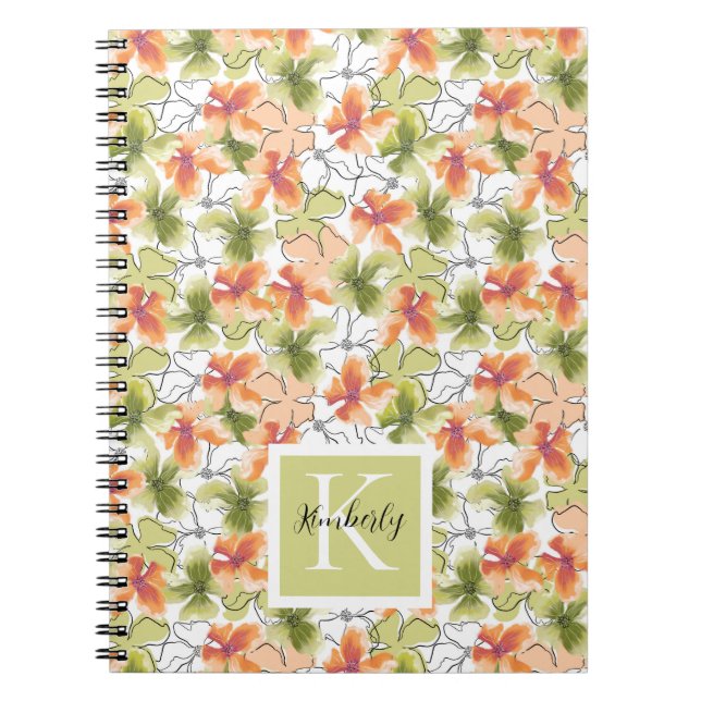 Caderno Espiral Flores Tropicais e Arte em Linha Monograma (Frente)