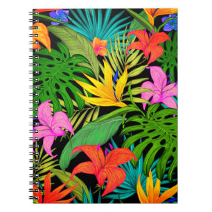Caderno Espiral Flores tropicais e folhas de palma do Havaí