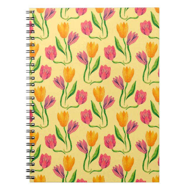 Caderno Espiral Flores Tulip Fluxos aquarela padrão sem costura (Frente)