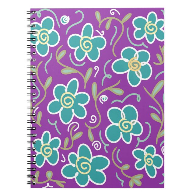 Caderno Espiral Flores verdes em design púrpura (Frente)
