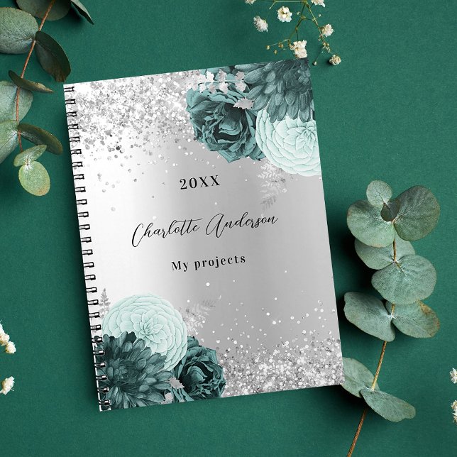 Caderno Espiral Flores verdes prateadas elegantes glamourosos (Criador carregado)