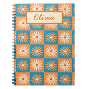 Caderno Espiral Flores verificadas em azul e laranja personalizada