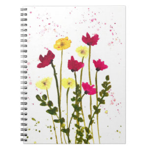 Caderno Espiral Flores vermelhas amarelas silvestres aquarela