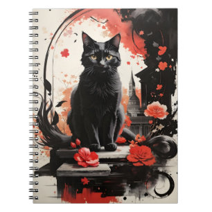Caderno Espiral Flores Vermelhas de Arte Negra de Gato de Aquarela