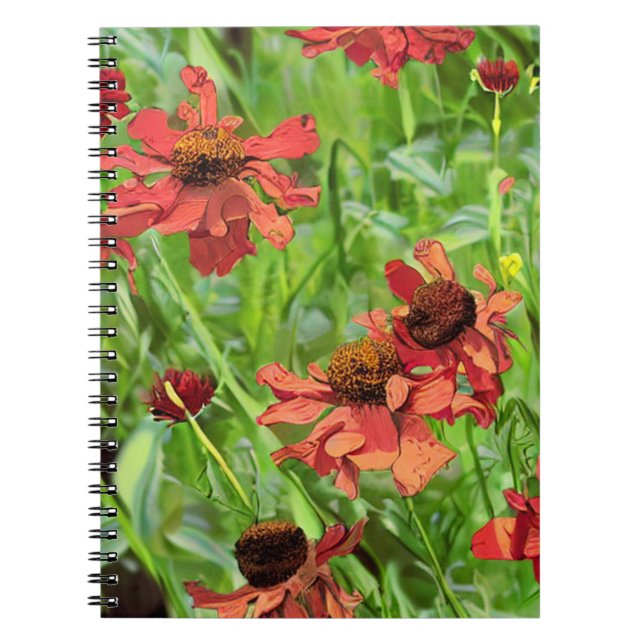 CADERNO ESPIRAL FLÔRES VERMELHAS DE RUDBECKIA (Frente)