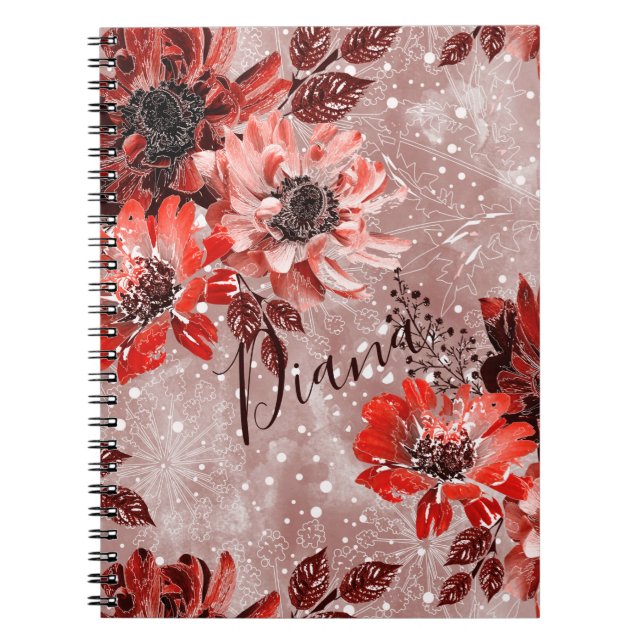 Caderno Espiral Flores vermelhas e burradas. (Frente)