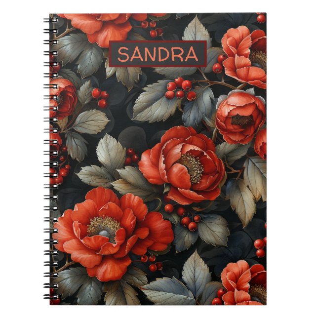 Caderno Espiral Flores vermelhas em preto (Frente)