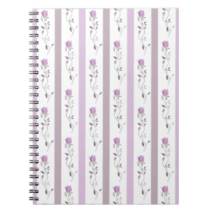 Caderno Espiral Flores Vintage padrão listrado branco bege rosa