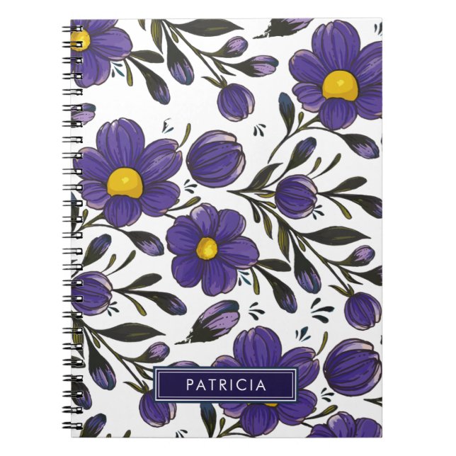Caderno Espiral Flores Violetas Azuis com Folhas Personalizadas (Frente)