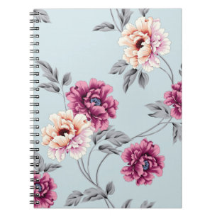 Caderno Espiral flores violetas e amarelas com padrão de folhas em