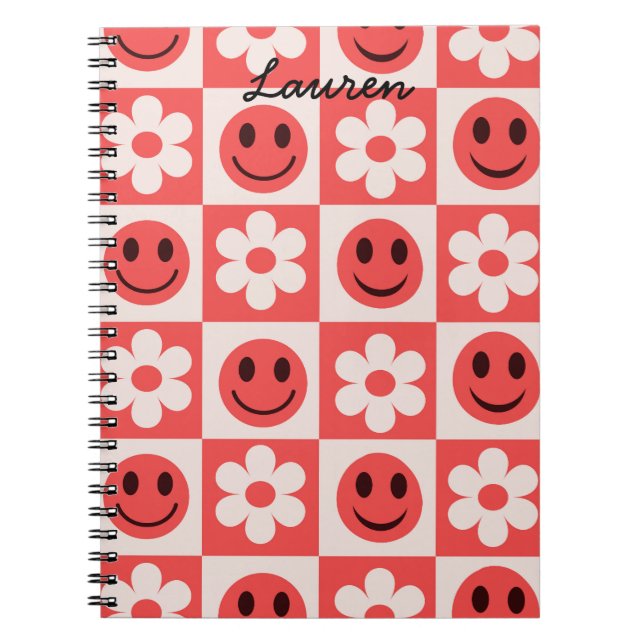Caderno Espiral Flores Xadrez Personalizadas e Rostos Felizes Verm (Frente)