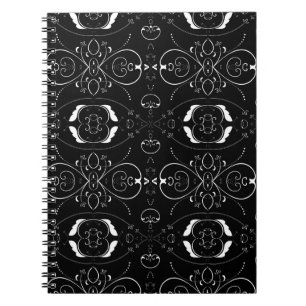 Caderno Espiral Florescentes Brancas Elegantes & Enfeites em Preto