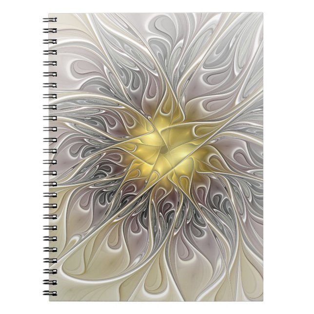 Caderno Espiral Florescer Com Flor Fractal Abstrata Moderna Dourad (Frente)