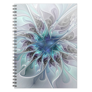 Caderno Espiral Florescer Floral Fractal Moderno Abstrato Com Azul