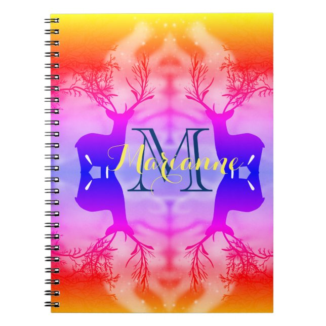 Caderno Espiral Floresta Arco-íris Fantasia Sonho Cervo (Frente)