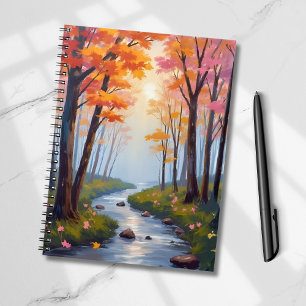 Caderno Espiral Floresta Creek Paisagem de Aquarela de Folhagem