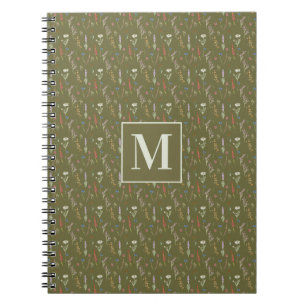 Caderno Espiral Floresta de Monograma Verde Jardim de Flores Silve