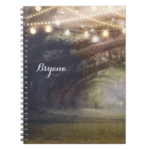 Caderno Espiral Floresta Encantada & Luzes de Madeira Rústica