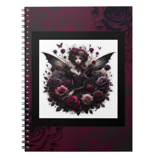 Caderno Espiral Floresta Gótica Escura Rosas Florais de Fada Burgu (Frente)
