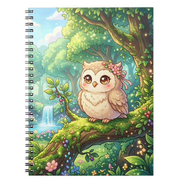 Caderno Espiral Floresta Kawaii de Coruja (Frente)