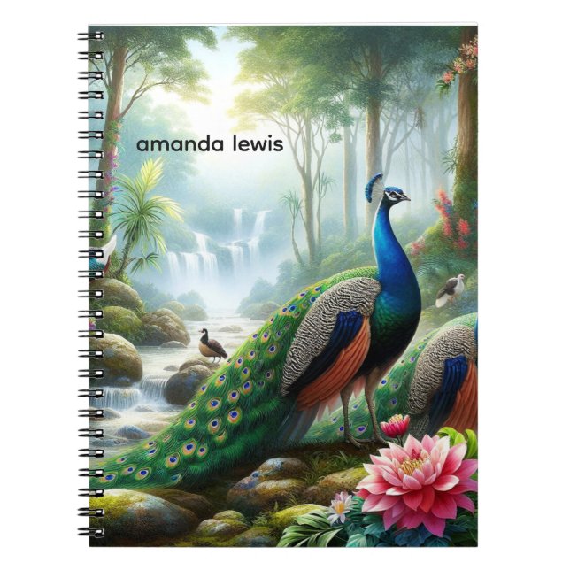 Caderno Espiral Floresta Tropical com Pavão Personalizada  (Frente)