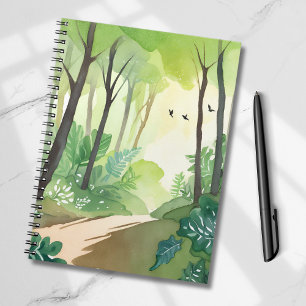 Caderno Espiral Floresta Verde Florescente Aquarela da Natureza