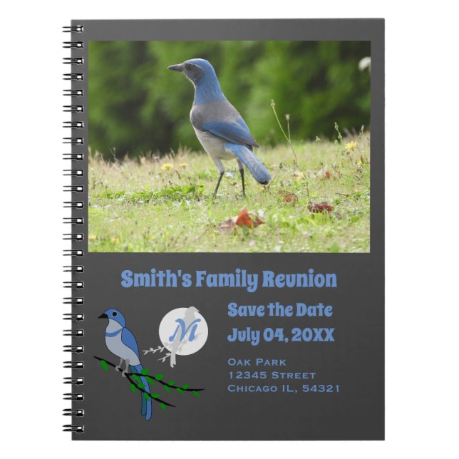 Caderno Espiral Flórida Scrub Jay Family Reunion Monograma Foto (Frente)