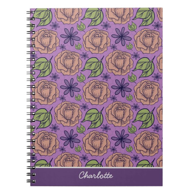 Caderno Espiral Florim roxo grande floral com nome (Frente)