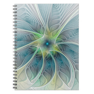 Caderno Espiral Flourando Fantasia Moderna Azul Flor Fractal Verde