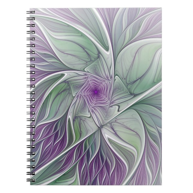 Caderno Espiral Flower Dream, Abstract Purple Green Fractal Art (Frente)