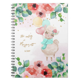 Caderno Espiral Fluffy Llama Illustra Flores Diário de Rapariga
