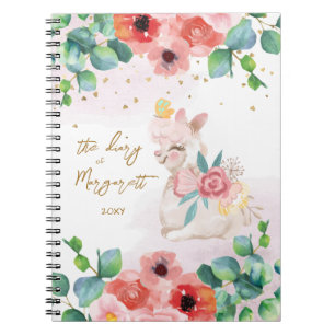 Caderno Espiral Fluffy Llama Illustra Flores Diário de Rapariga