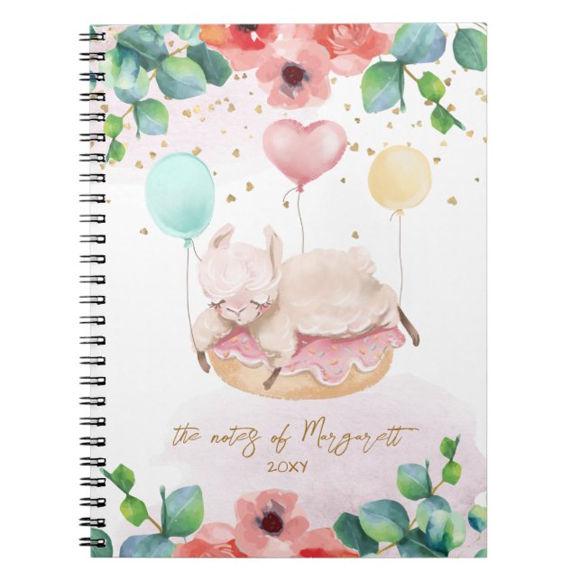 Caderno Espiral Fluffy Llama Ilustração de Garota Floral Diário (Frente)
