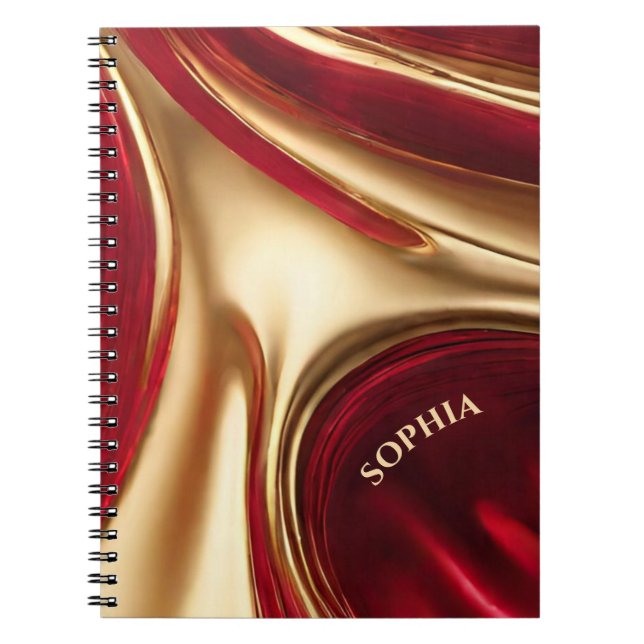Caderno Espiral Fluxo de Abstrato moderno - Vermelho e Dourado- (Frente)